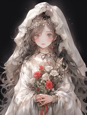 A cute and beautiful little girl with fair skin, big black eyes, and long curly hair. Her eyes look straight ahead, wearing a beautiful and pure white wedding dress, wearing a white headscarf, holding a rose in her hand, shining around her, sweet. Happiness is hazy, dreamy, and cinematic.