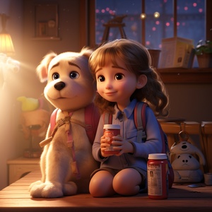 A Cute Little Girl and Her Dog Enjoying Milk Tea in a Pixar-style Cartoon with Mellow Atmosphere