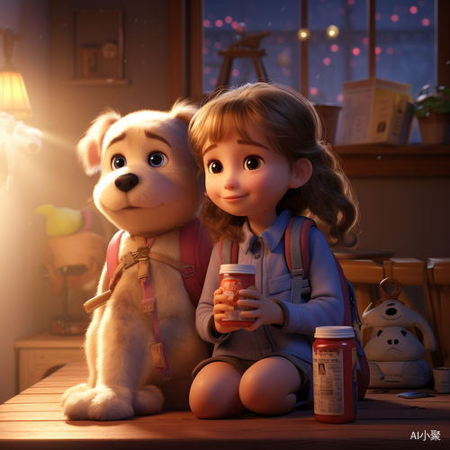 A Cute Little Girl and Her Dog Enjoying Milk Tea in a Pixar-style Cartoon with Mellow Atmosphere