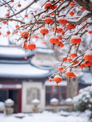 雪地里，一棵巨大的柿子树挂在城市的角落，挂着红色的柿子，柿子覆盖着白雪，旭日东升，江南古镇传统的景观安静，美丽，高细节，柔和的月光，柔和的色彩，柔和的光线，8k，新的幸福，深细节，细节层次清晰，高品质，高清晰度，新的爱渲染，高清ar 2:3 v 4 2 - v 4 - ar 2:3 v 5.2 ar 9:16