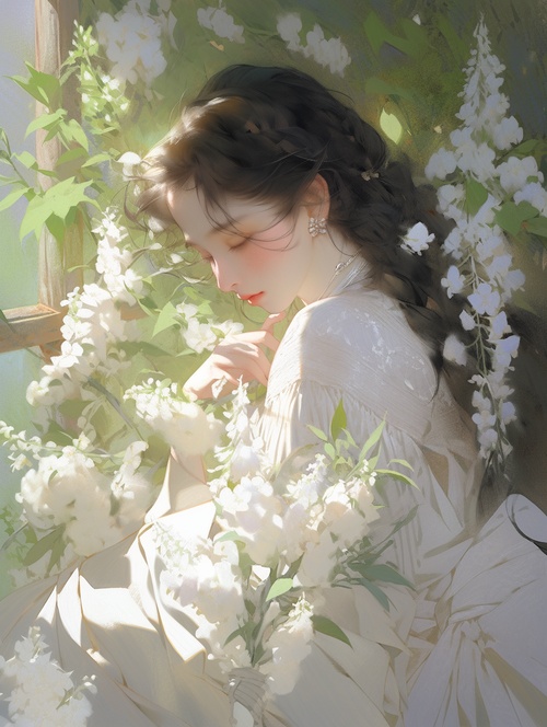 a painting of a girl holding fresh flowers, in the style of yanjun cheng, intense and dramatic lighting, romanticized nature, realistic hyper-detail, dark white, intricate embellishments