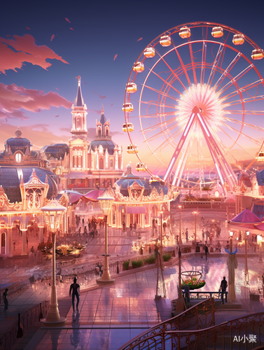 Dreamy Disney Style Theme Park with Conspicuous Ferris Wheel