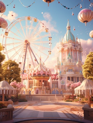 a large theme park, The conspicuous ferris wheel, dreamy style, Disney style, narrative paneling， light color palette, sweet atmosphere, high quality, 8K