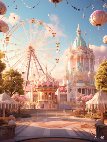 Dreamy Disney Style Theme Park with Conspicuous Ferris Wheel