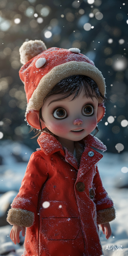 Winter Scene: Cute Babygirl in Red Velvet Cap