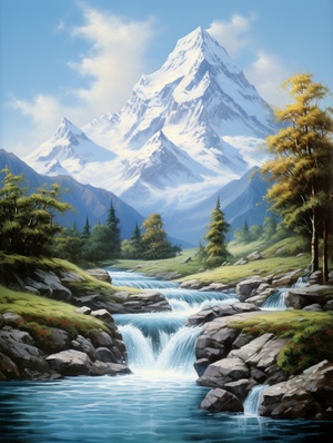 English version of the image description: This landscape painting depicts a tranquil and beautiful natural scenery. In the center of the image, a towering mountain peak stands tall amidst the blue sky and white clouds, with its contours flowing smoothly and gracefully. At the foot of the mountain, a clear stream winds its way, with ripples gently forming on its surface, making it appear cool and transparent. Along the banks of the stream, lush trees and flowers adorn the surroundings, adding a touch of vita