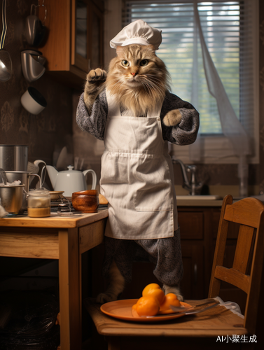 模特猫咪在厨房做早餐