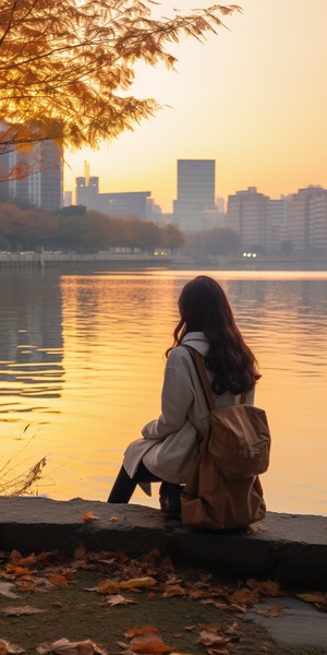 动漫风格 一个女孩扎着单马尾穿着夹克外套往回头看在长沙的湖边坐着