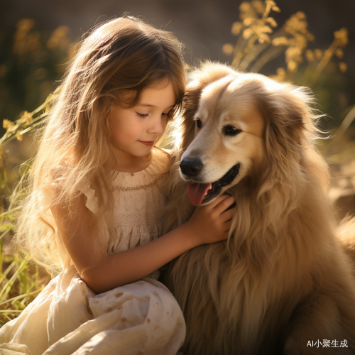 阳光明媚的早晨，美丽的长发小女孩与金毛狗共舞