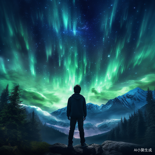 少年仰望极光