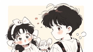 90s anime style, cute little boy and cute little girl 3 years old. The boy has a round face, big eyes, short black hair, cute expressions, and a cute white and black little one next to himCat, the girl is wearing a white dress, long hair, bangs, and has a big bow on the clothes. There is a small black cat next to her, playing games with their phone. The phone, sofa, and living room scene are sweet and cute. The modeling is clear and 16k, with detailed close-up and facial close-up,Nii5 ar 16:9