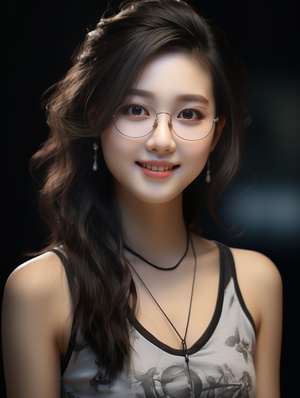 a Chinese girl , head portrait ,45- degree angle profile smile , Slender nose , slightly curly and just reaching her shoulders , brown black color hair , big eyes with glasses , sweet smile real person , photography , Ultra details , detailed face , perfect face fashion model face , Asian beautiful girl , real human face - v 5