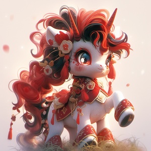 pony，小马 特写，，可爱，呆萌呆萌，游戏风格,，with,some,feathers,on,shoulders,,a,pony,in,chinese,style,attire,with,horns,,in,the,style,of,2d,game,art,,ethereal,figures,,booru,,3d,,serene,faces,,animated,illustrations,,white,and,red，游戏中的小马，鳞片，3D，立体，游戏，英文，画面看上去是古埃及壁画