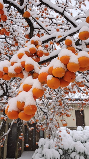 一颗柿子树挂满柿子，下雪，厚厚白雪，江南小镇，雪花，摄影