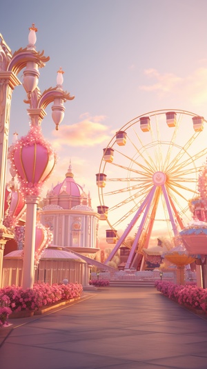 a large theme park, The conspicuous ferris wheel, dreamy style, Disney style, narrative paneling， light color palette, sweet atmosphere, high quality, 8K