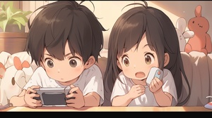 Miyazaki Hayao style, cute little boy and cute little girl at the age of 3. The boy has a round face, big eyes, short black hair, puffy, funny, and cute expression. The girl is wearing a white dress, long hair, bangs, and a big bow on the clothes. They play games with their phone together. The scene of the phone, sofa, and living room is sweet and cute. The modeling is clear and 16k, with detailed and facial close-up,Nii5 ar 16:9