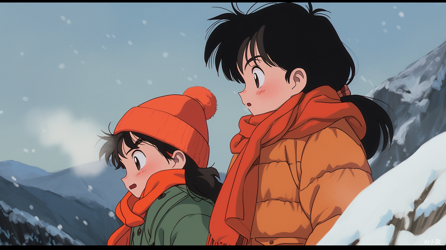 1980s Anime: Boy and Girl in Snow, Kawaii Style