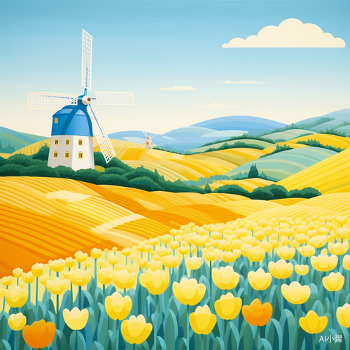 Minimalistic Clean Illustration: Little Windmill in Tulip Field