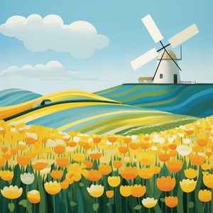 Ryo Takemasa's minimalistic clean illustration,Little windmill far away,in the tulip flowers field,landscape,golden ratio,fake detail,Bright large color block lemon yellow and sky blue color plate,trending Pixiv fsnbox,acrylic palette knife,no trees,no mountain,style raw