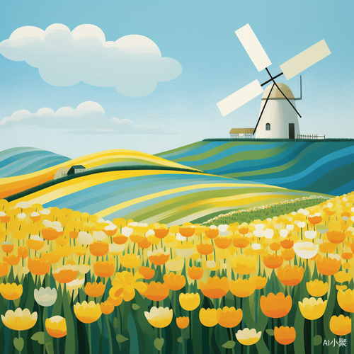 Minimalistic Clean Illustration: Little Windmill in Tulip Field