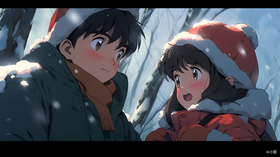 1980s Anime: Boy and Girl in Snow, Kawaii Style