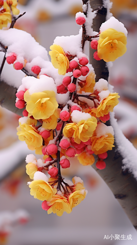 中国文化主题的深黄色和浅粉色树枝在雪地上