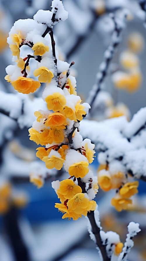 一根树枝，宝石蓝色的花在雪地上，中国文化主题的风格，宝石蓝和白粉色，flickr，宝石蓝和浅白色深灰色和黄色，尼康af600，精湛的工艺。 白雪覆盖的树枝上的花朵，中国文化主题风格，深黄色和浅粉色，flickr，深灰色和浅琥珀色， aurorapunk，深黄色，令人愉悦的和谐感