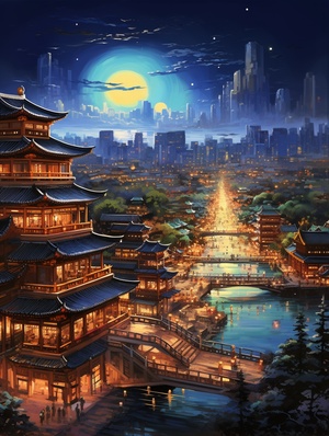 中国古代城市夜景，古色古香，古代建筑，中国古代城池，色彩璀璨，灯火阑珊，古风，全景