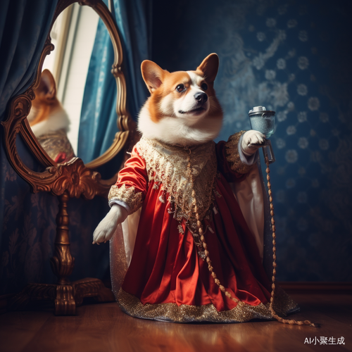胖柯基犬穿滑稽服装的镜子前景
