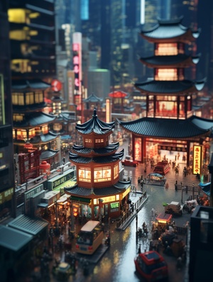 Tilt-shift(移轴镜头)，Shanghai in the 90s(上海年代的上海)，neon(霓虹灯)，Surrealism(超现实主义)，gold(金色)，low saturation(低饱和)，glass,frame drawing(抽帧)，halo(光晕)，Wong Kar-wai style (王家卫风格)，Motion blur(动态模糊)，stills (剧照),artistry