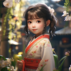 Cute little girl with a sweet smile,dressed in Chinese hanfu,The beautiful garden was full of flowers, Big eyes, sweet, Pixar style, extremely detailed 3D animation symmetrical center lot Light color octane rendering,8K,HDR ar 3:4 niji 5