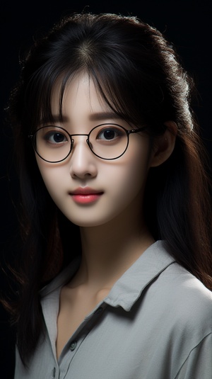 a Chinese girl , head portrait ,45- degree angle profile smile , Slender nose , slightly curly and just reaching her shoulders , brown black color hair , big eyes with glasses , sweet smile real person , photography , Ultra details , detailed face , perfect face fashion model face , Asian beautiful girl , real human face - v 5