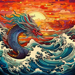 Chinese Dragon and Phoenix: Psychedelic Waves and Imaginative Scenes