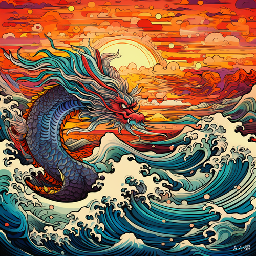 Chinese Dragon and Phoenix: Psychedelic Waves and Imaginative Scenes