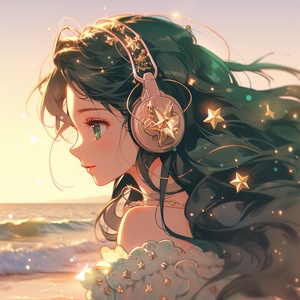 星星，girl, emerald long hair, messy hair, side profile, delicate features, eyelashes, jeweled eyes, high nose, parted lips, headphones, brightly lit background, falling petals, antique, dreamy, delicate jeweled eyes, sea, bust, coastline, beach, leisure, dusk, soft sunlight, calm seaniji 5 ar 9:16🌅,