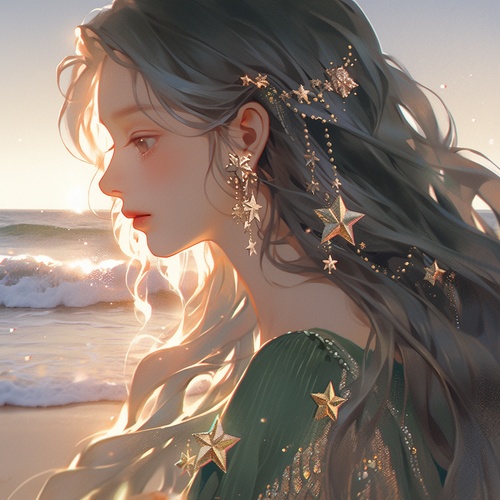 星星，girl, emerald long hair, messy hair, side profile, delicate features, eyelashes, jeweled eyes, high nose, parted lips, headphones, brightly lit background, falling petals, antique, dreamy, delicate jeweled eyes, sea, bust, coastline, beach, leisure, dusk, soft sunlight, calm seaniji 5 ar 9:16🌅,