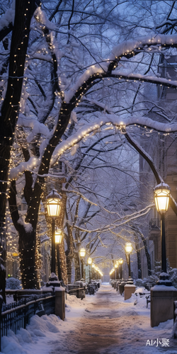 冬日树雪下的城市美景