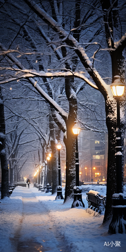 冬日树雪下的城市美景