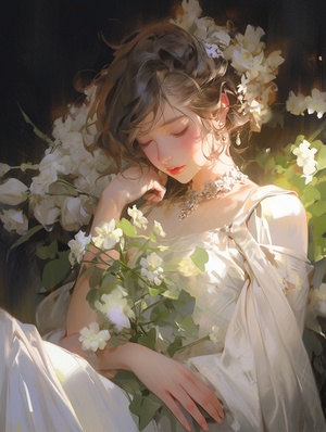 a painting of a girl holding fresh flowers, in the style of yanjun cheng, intense and dramatic lighting, romanticized nature, realistic hyper-detail, dark white, intricate embellishments