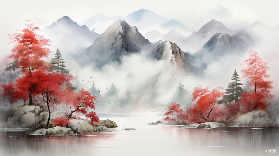 中国风水墨画：秋湖碧绿，远山辉黄，红叶飘香