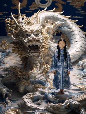 Drone view , In front of the Blue and white porcelain dragon stands a Chinese little girl , Tin foil gold , wearing a gorgeous Hanfu , Tin foil gold , Blue and white porcelain dragon , grand scene , minimalism , Chinese dragon ,C4D rendering , Surrealism , meticulous design , asymmetrical balance , master works , movie lighting , Ultra HD , fine details , color grading ,32K HD - ar 3:4 niji 5