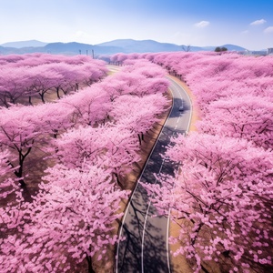 平视，粉色樱花树，在道路两旁，延伸的公路上落满樱花，静谧、宁静的环境、无人的场景，迷人的景色，超大广角镜头，摄影纪实，大师杰作，32K，