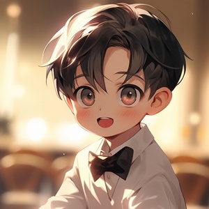 A cute and handsome little boy with fair skin and big black eyes. His eyes look straight ahead, wearing a white shirt and black dress, wearing a bow tie, shining around him, sweet. Beautiful and romantic. Happiness is hazy, dreamy, and cinematic.