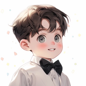 A cute and handsome little boy with fair skin and big black eyes. His eyes look straight ahead as he leans sideways, wearing a white shirt and black dress, a bow tie, and a pure white background that sparkles around him, sweet. Beautiful and romantic. Happiness is hazy, dreamy, and cinematic.