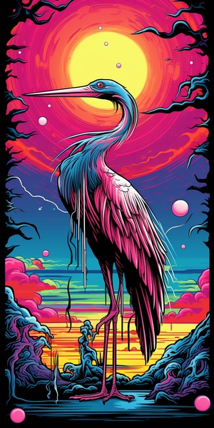 crane Psychedelic illustration in the style of Moebius and Peter Max and R. Crumb. no pink chaos 10