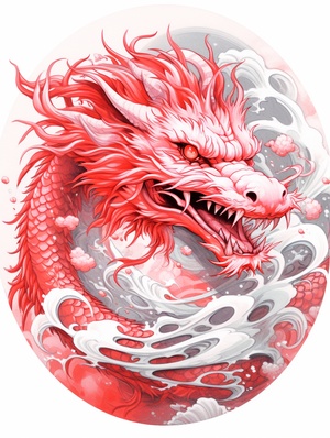 Red Dragon Painting in Circle with White Designs