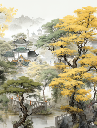 Traditional Chinese Painting: Trees, Houses, and Lively Street Scenes