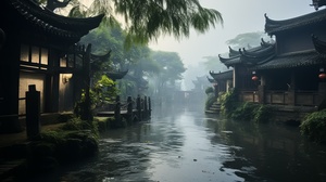 江南烟雨，白天，近景