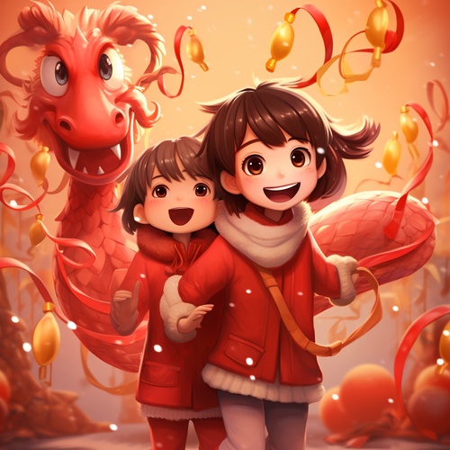 A cute humanized red Chinese dragon and a little Chinese girl, Pixar style, both wearing human white sweaters with a big red woolen scarf tied around their necks, doing the same congratulatory motion, big red background, very festive, Chinese elements, welcoming the New Year 32k uhd no flowers chaos 50 ar 3:4 stylize 250 iw 2 v 6.0