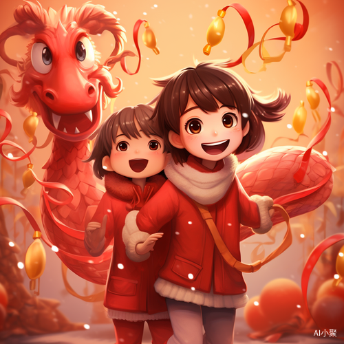 Cute Chinese Dragon and Girl Welcoming New Year in Festive Style